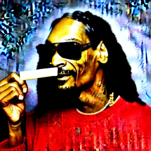 Image similar to Snoop Dog with big eyes eye color red , smiling and holding a joint in his hand