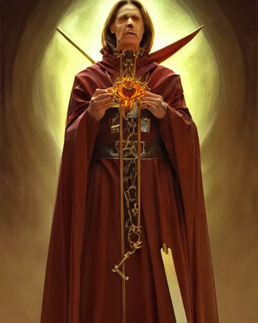 Image similar to realistic portrait of a nasty bishop, cross, evil, heroic pose, beautiful face, bible, full body, dramatic lighting, intricate, wild, highly detailed, digital painting, artstation, concept art, smooth, sharp focus, illustration, art by artgerm and greg rutkowski and alphonse mucha, footage from space camera