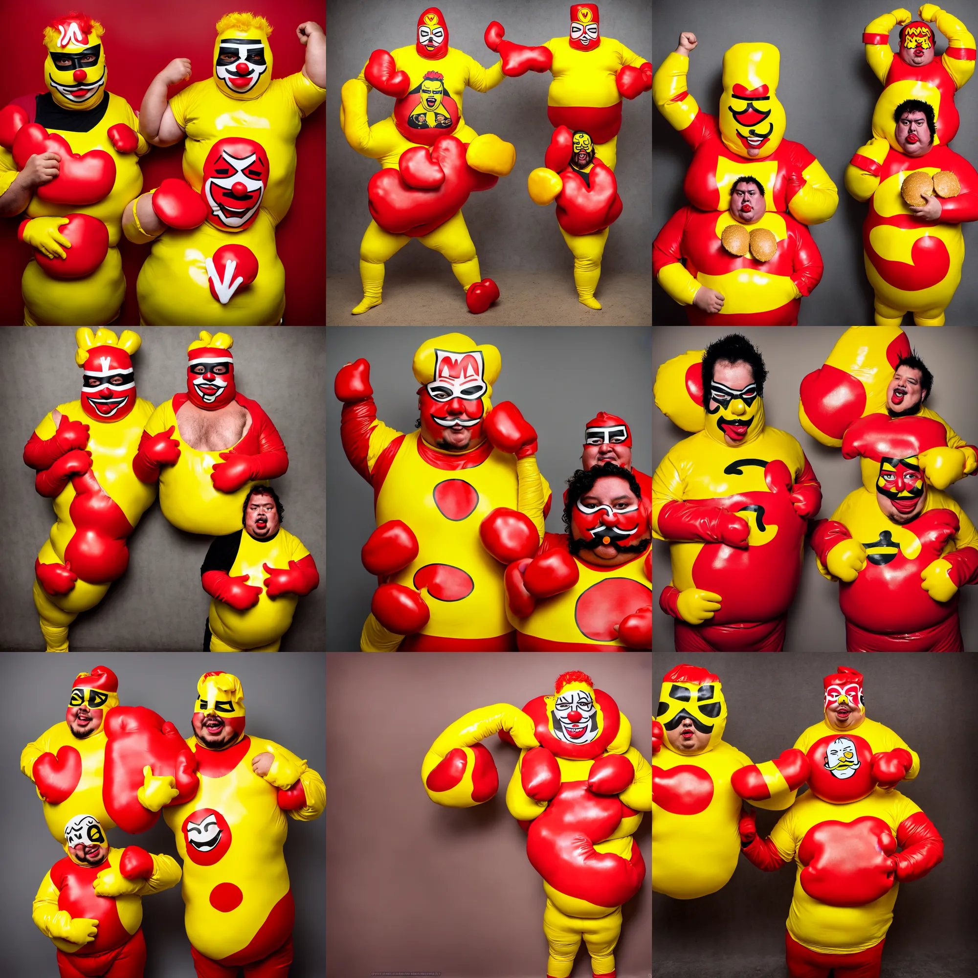 Prompt: wide angle lens portrait of a very chubby looking Lucha libre dressed in yellow and red rubber latex costume holding a huge hamburger, red Ronald McDonald hairstyle, a Macdonalds logo on his chest, photography inspired by Oleg Vdovenko