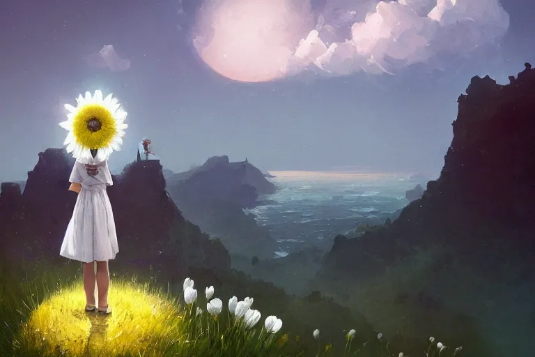 Image similar to giant white daisy flowers head, girl standing on cliff, surreal photography, solar eclipse, milky way, dramatic light, impressionist painting, clouds, digital painting, artstation, james gilleard, liam wong, jeremy mann, simon stalenhag