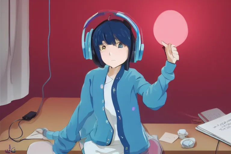 Image similar to lo - fi anime girl, wearing a blue cardigan and red aesthetic lo - fi headphones, studying in a brightly lit room, a lamp hovers above as it illuminates the room, illustrated by juan pablo machado, nighttime!!!!!!, cgsociety contest winner, artstation, golden ratio, dim lighting, studio ghibli!!!, 4 k