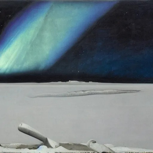 Image similar to the epic abstract painting'blue arctic void with black and red aurora borealis above a minimalist inuit sculpture made of whale rib bones ', by caspar david friedrich!!!, by rothko!!!, stunning masterpiece, trending on artstation