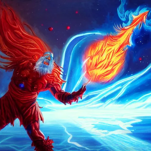 Image similar to Highly detailed oil painting, concept art, of a wizard casting a fireball spell, fighting against a huge ice giant, red and blue color scheme, concept art, highly detailed.