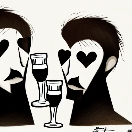 Image similar to two beautiful chad men drinking beers, many hearts, friendship, love, sadness, dark ambiance, concept by Godfrey Blow, featured on deviantart, drawing, sots art, lyco art, artwork, photoillustration, poster art