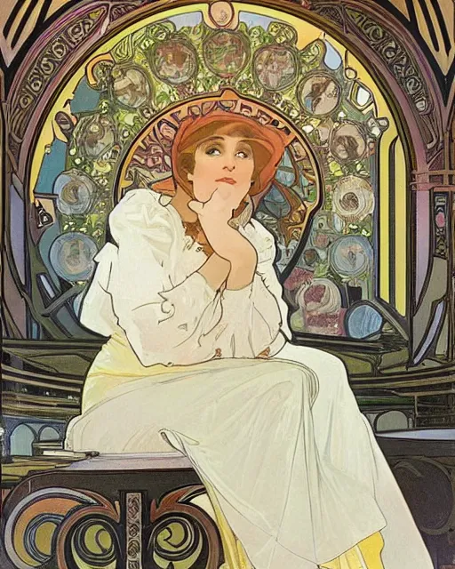 Image similar to painting alphonse mucha, the interior of the opera house, a singer in a white dress on a lighted stage, a palette of pastel colors