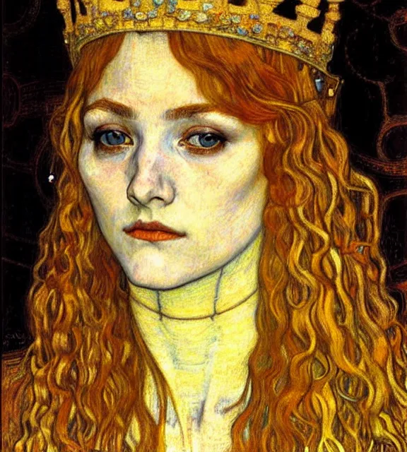 Image similar to detailed realistic beautiful young medieval queen face portrait by jean delville, gustav klimt and vincent van gogh, art nouveau, symbolist, visionary, gothic, pre - raphaelite, muted earthy colors, desaturated