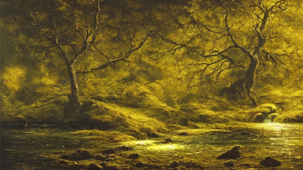 Prompt: A beautiful, highly detailed, very realistic oil painting of a single tree with lots of golden and bright glowing green leaves, next to a small river made of pure gold in the middle of a huge, very dark cave, with lots of dark grey rocks, oil painting by Greg Rutkowski.