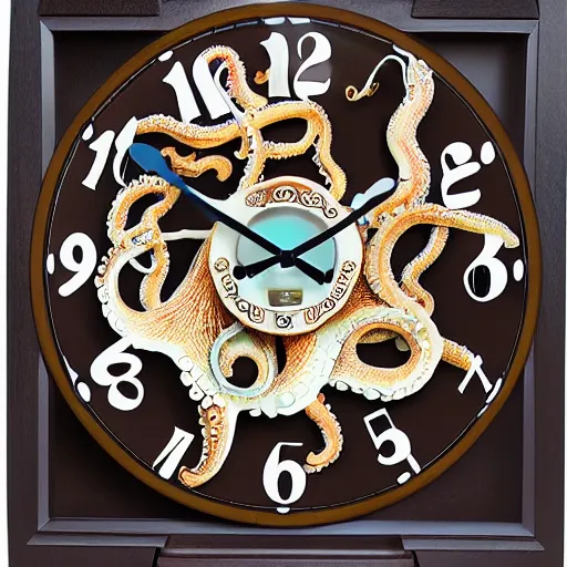 Image similar to octopus clock, real tentacles, professional product photo