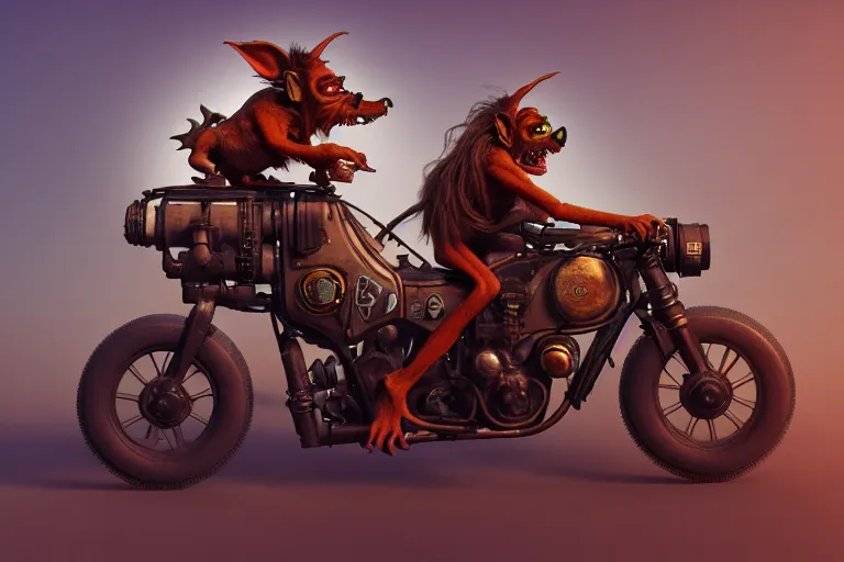 Prompt: a goblin riding a steampunk motorcycle, sunlight, in daytime, hyperdetailed, artstation, cgsociety, 8k