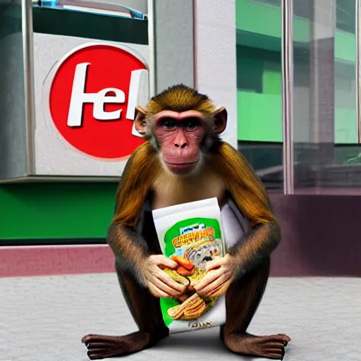 Image similar to A monkey buy some snacks at seven eleven, photorealistic