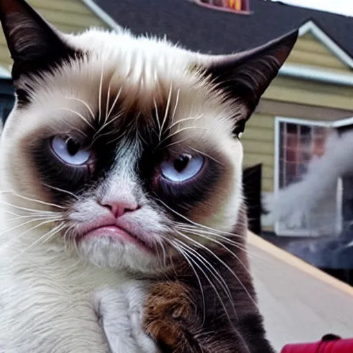 Image similar to <photo hd attention-grabbing>grumpy cat looks into the camera knowingly as a house burns in the background - inspired by disaster girl</photo>