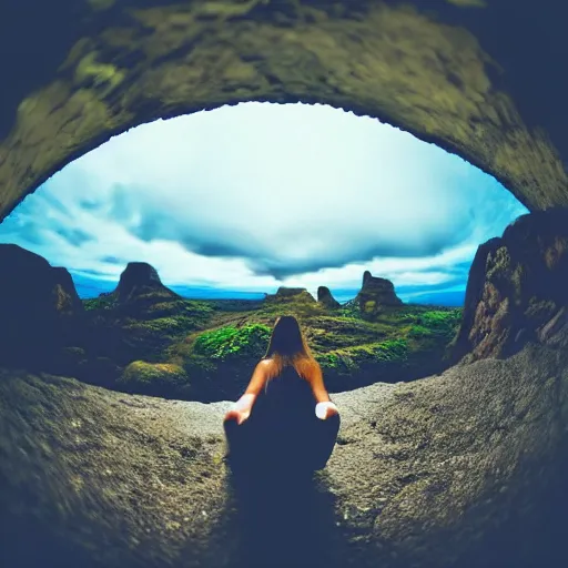 Image similar to Woman sitting under a ginormous rock overhead, partially cupping her hands, gesturing it outward!!!!! to the camera!!!!!, in a rainy environment, fisheye!!!!! lens!!!!!, rainy and wet atmosphere, closeup!!!!!, dark and grim lighting, trending on artstation, 4k, 8k