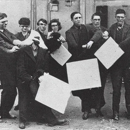 Prompt: old 1 9 2 0 photograph of disgruntled artists throwing canvases at people developing photography technology