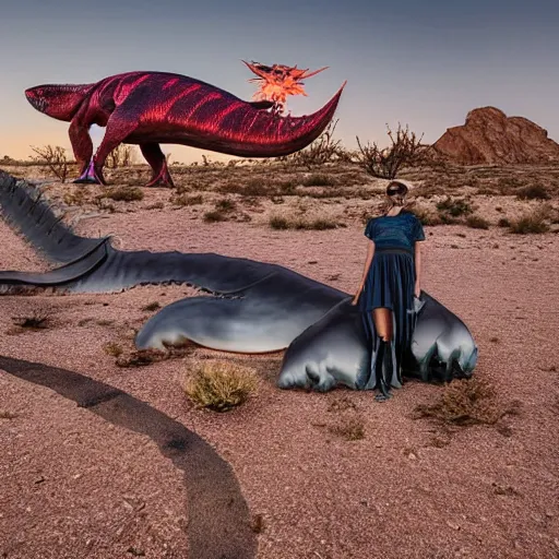 Prompt: 🐋🦖🐉 🤖 👽🐳 in desert, photography by bussiere rutkowski andreas roch