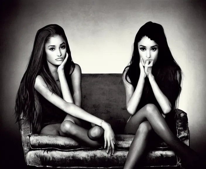 Image similar to award winning photo of Ariana Grande, Megan Fox sitting on a chesterfield lounge mid action, symmetrical, beautiful eyes, wide shot art by Sally Mann & Arnold Newman