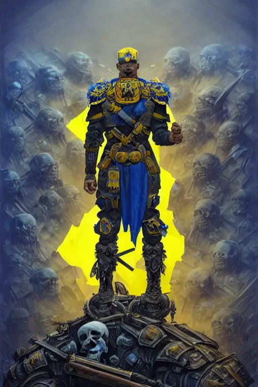 Image similar to a distant shot from behind of a Ukrainian super soldier with blue and yellow flag behind him standing alone on a huge pile of skulls as a winner, masculine muscular figure, D&D, fantasy, intricate, elegant, highly detailed, extremely detailed, digital painting, artstation, concept art, matte, sharp focus, symmetrical, illustration, art by Artgerm and Greg Rutkowski and Alphonse Mucha