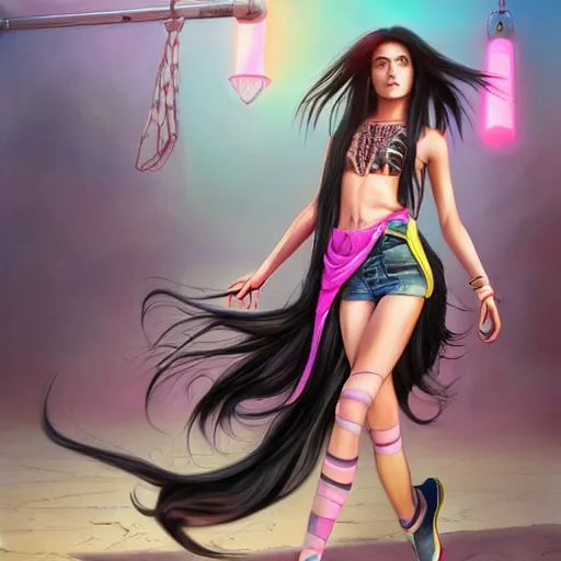 Prompt: moroccan teenager with long, wavy black and purple hair and rainbow - colored eyes wearing a pink tank top and black miniskirt with ripped fishnet tights and black combat boots stands, ultrafine hyperrealistic by loish and artgerm and greg rutkowski, intricate linework, sharp focus, smooth, unreal engine, dramatic lighting, 8 k