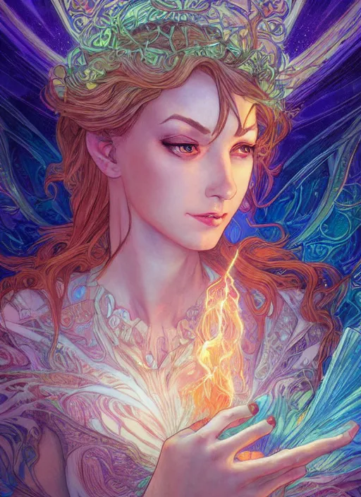 Image similar to Lightning Sorceress, ambient lighting, 4k, josephine wall, alphonse mucha, lois van baarle, ilya kuvshinov, rossdraws, artstation