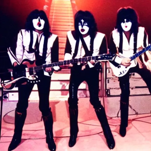 Image similar to the beatles playing together with kiss in a concert