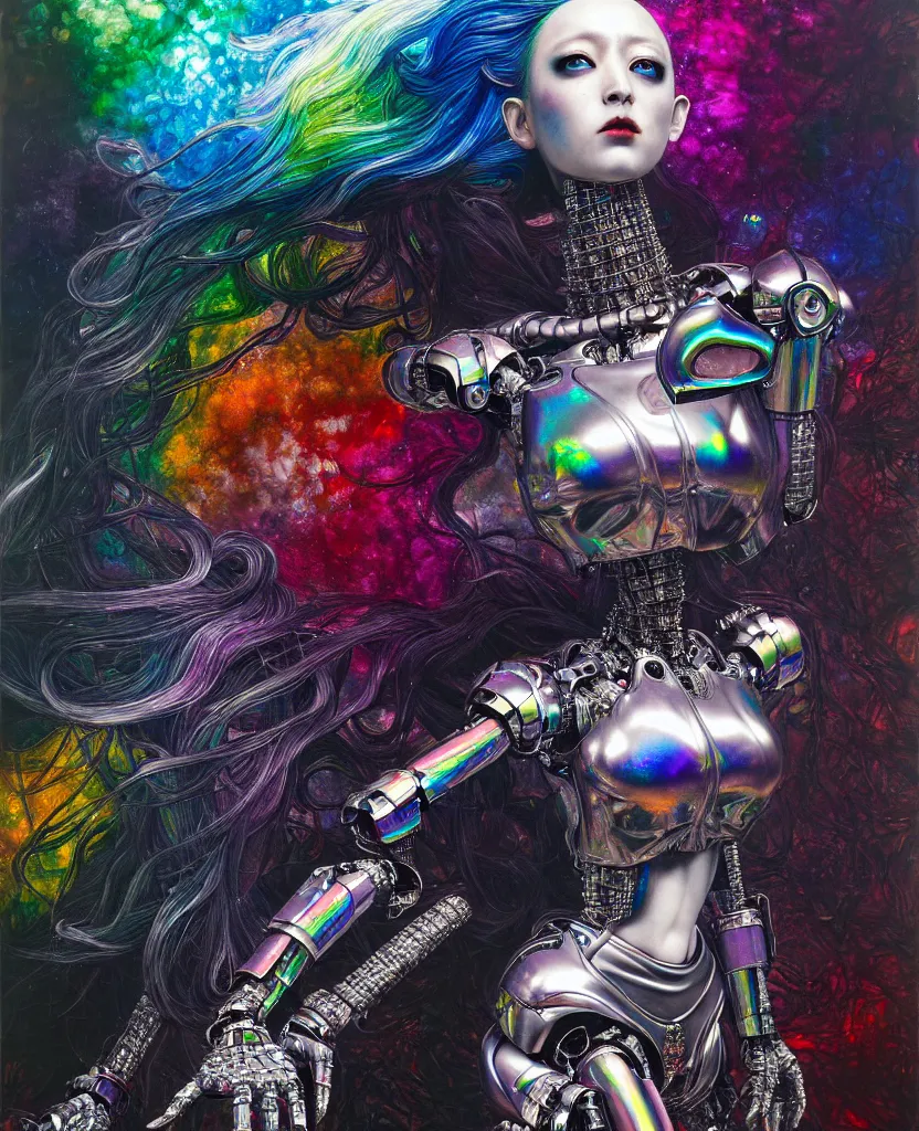 Image similar to realistic detailed image of ultra wrathful rainbow diamond iridescent mega chromed female robot, depth perception, depth of field, action horror by ayami kojima, neo - gothic, gothic, part by adrian ghenie and gerhard richter. art by hajime sorajama, masterpiece