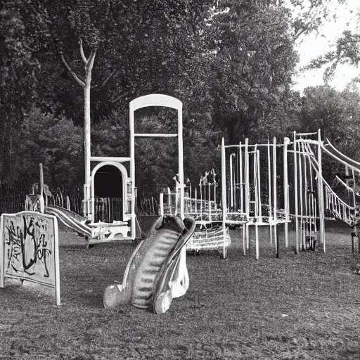 Prompt: a haunted playground from the 1930's complete with a slide and jungle gym, ghost children playing, spooky lighting, horror movie asthetic