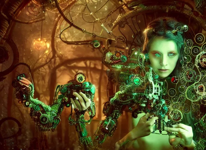 Image similar to intricate mechanical fairy with visible gears having tea with a cyborg gorgon medusa in a magical forest. Very detailed 8k. Fantasy cyberpunk horror. Sharp. Cinematic post-processing