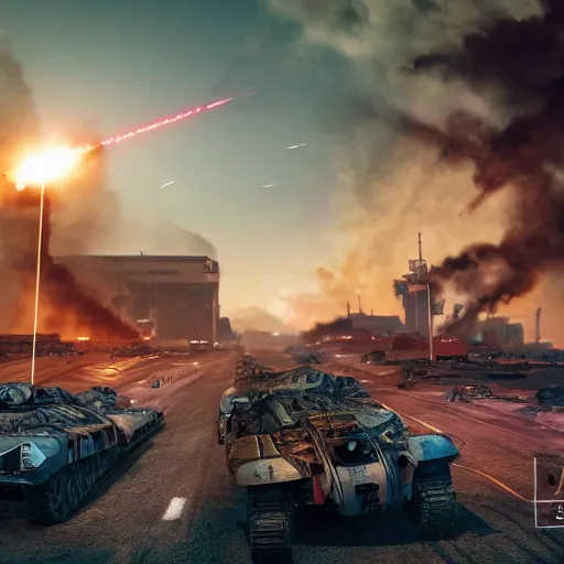 Prompt: machines and robot soldiers run on the horizon in a deserted street full of machines and wrecked cars. there are destroyed and abandoned buildings in the background. rockets take off on the horizon leaving this planet that has become uninhabitable, 4k, highly detailed, cinematic render