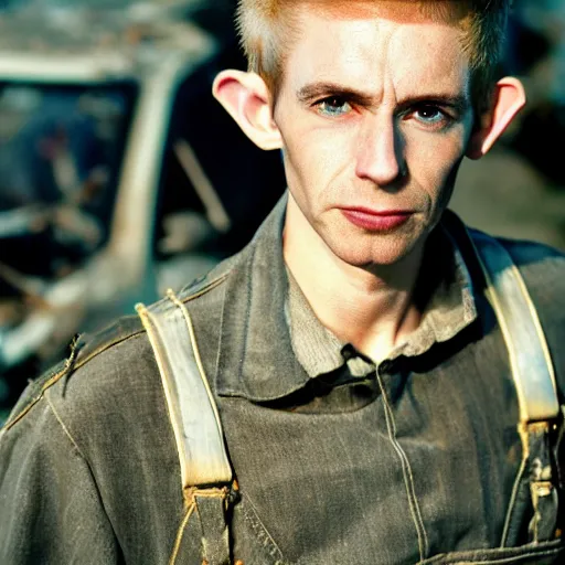 Image similar to close up headshot of a skinny high-fantasy elf with a long face narrow chin and spiky blonde hair wearing dark brown overalls and holding a bomb next to a destroyed car, gel spiked blond hair, small ears, narrow lips, high resolution film still, HDR color