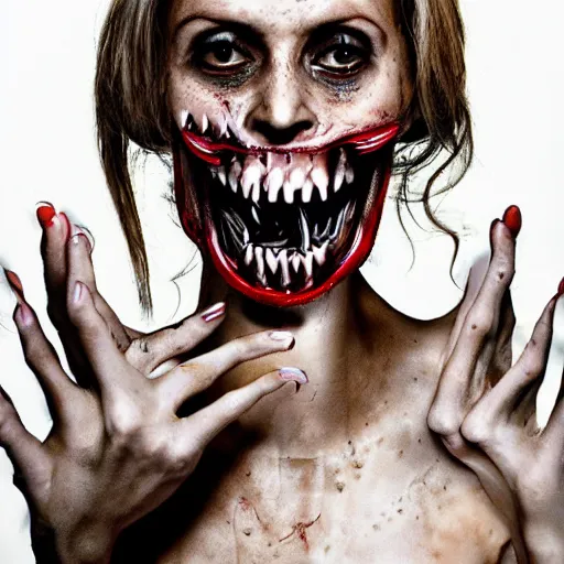 Image similar to body horror. a gorgeous woman with terrifying rotten teeth