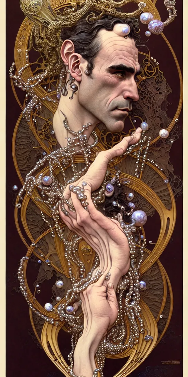 Image similar to handsome daniel day lewis art nouveau fantasy character portrait, ultra realistic, intricate details, the fifth element artifacts, highly detailed by peter mohrbacher, hajime sorayama, wayne barlowe, boris vallejo, aaron horkey, gaston bussiere, craig mullins alphonse mucha, art nouveau curves swirls and spirals, flowers pearls beads crystals jewelry goldchains scattered