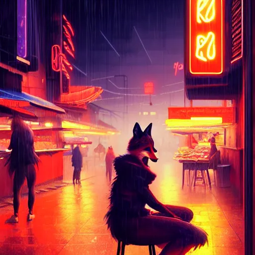 Prompt: splash art of anthropomorphic female vulpes vulpes fulva woman sitting at a noodle stand eating noodles in the crowded street of a cyberpunk city, rain, harsh neon lighting, realistic ultra detailed, by greg rutkowski, wlop, ilya kuvshinov, artgerm