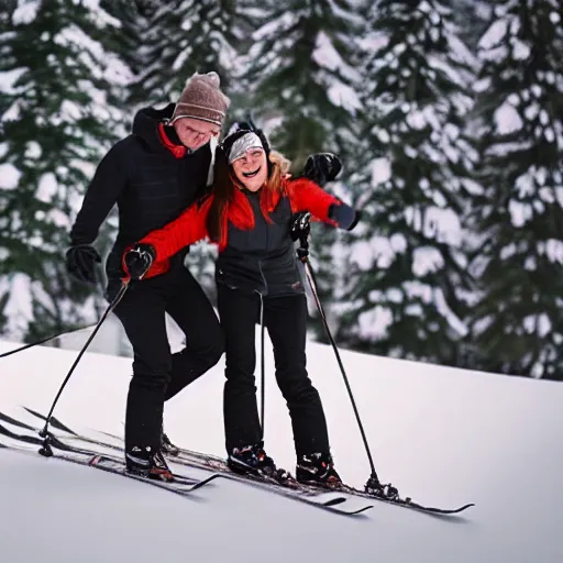 Image similar to happy couple skiing, snowfall, beautiful lighting, 4k