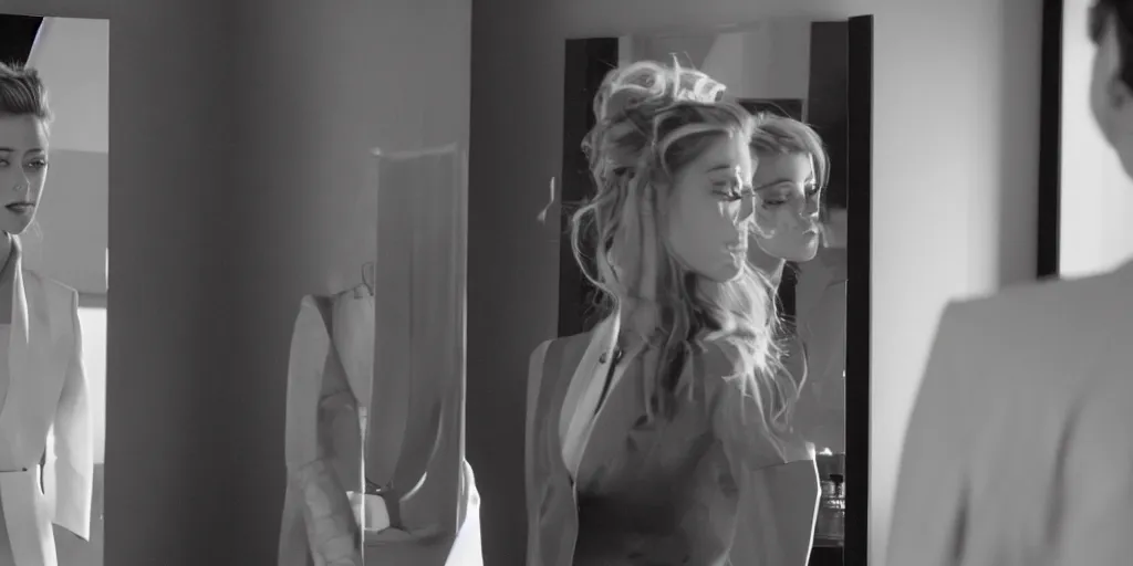 Image similar to ultra wide angle photo of amber heard dressed in a armani wool tuxedo suit and tie, looking at herself in a bathroom mirror and seeing her reflection as johnny depp