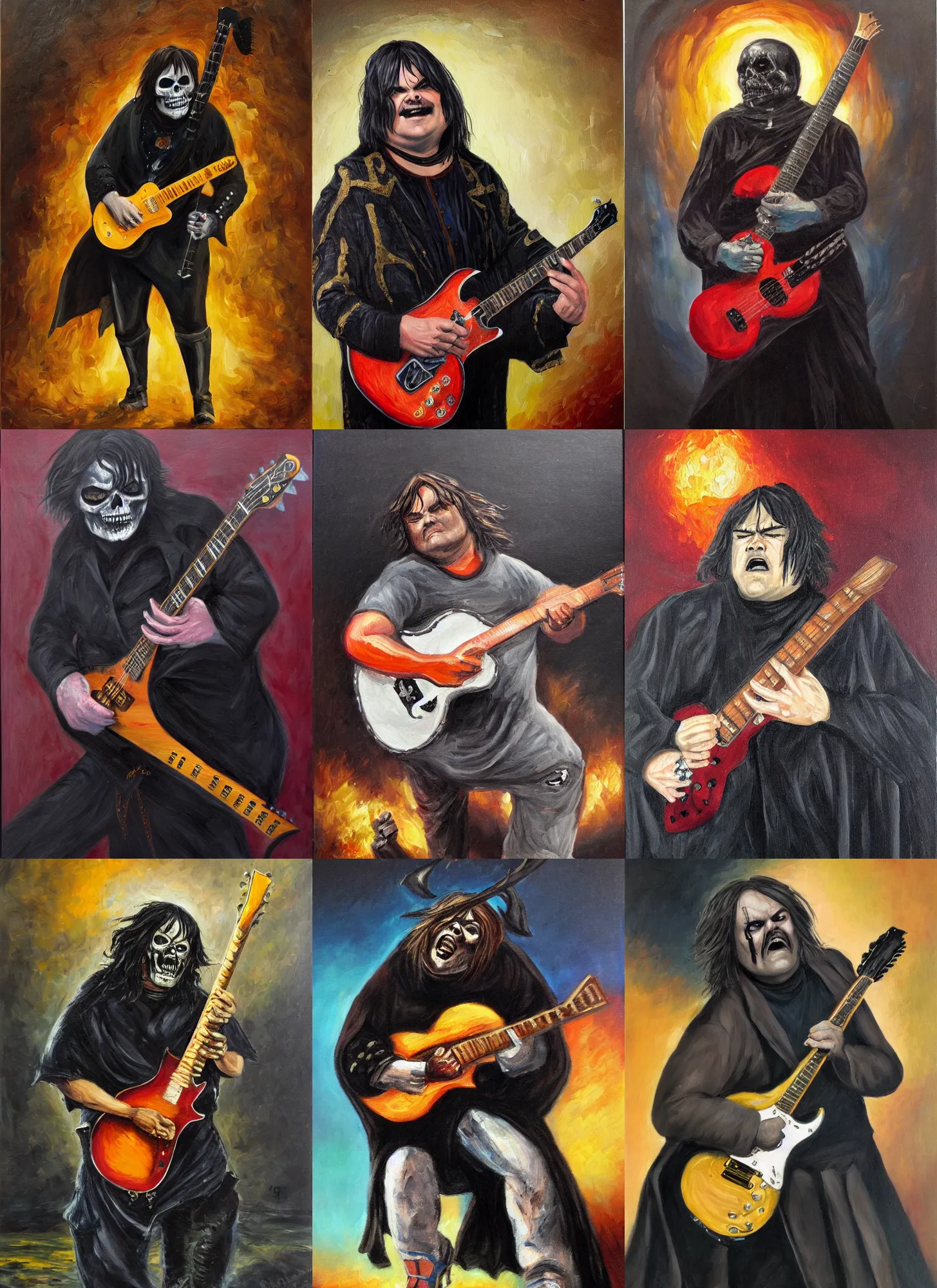 Prompt: Jack Black as Death, using his guitar to reap the souls of the fallen, oil painting