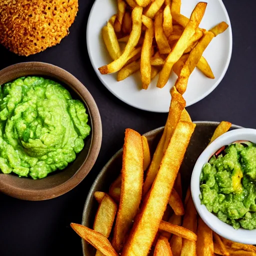 Image similar to vegan hamburger with guacamole topping crispy fried onion topping and fried egg topping next to a bowl of french fries, crispy buns, 8 k resolution, studio lighting, sharp focus, hyper - detailed