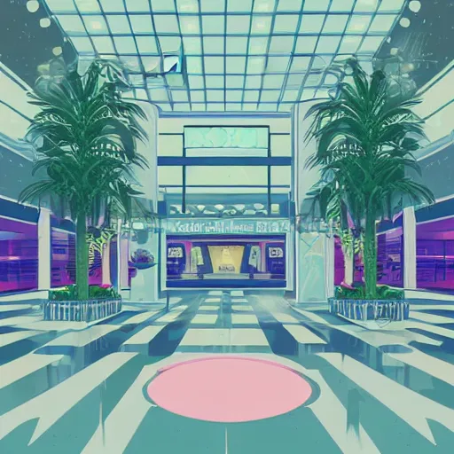 Prompt: art deco vaporwave illustration of a mall atrium in pastel colors