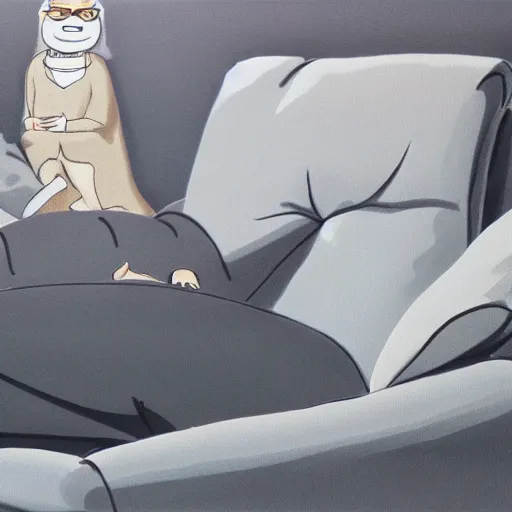 Prompt: dr. katz sitting down in grey sofa chair, photorealistic, high detail