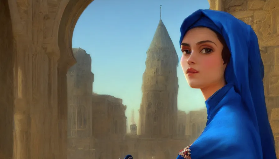 Prompt: detailed photograph of a beautiful young arab woman wearing a blue dress with veil, by caspar david friedrich by james gilleard and justin gerard, artstation, smooth, sharp focus, by jean baptiste, octane render