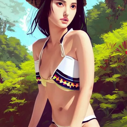Image similar to a beautiful young japanese natalie portman alluring gravure model, stylized concept art, wearing elegant designer bomber jacket and one piece bikini, bomber jacket with mesoamerican patterns, mesoamerican native street fashion, princess mononoke, painted by ilya kuvshinov aesthetic, gorgeous, stunning, alluring, attractive, artstation, pinterest, digital art
