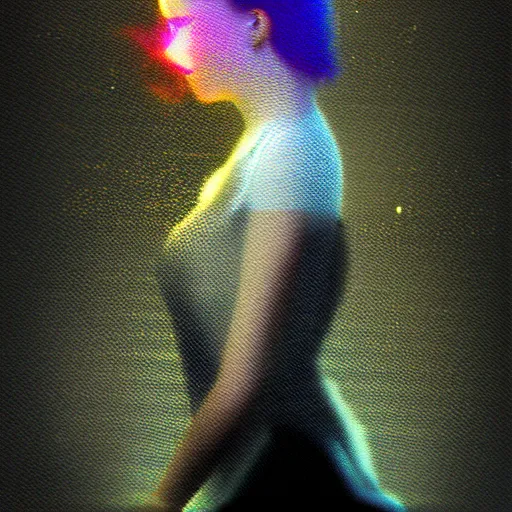 Image similar to trending on artstation girl in white dress dancing, halo over her head, glitchy, glitch art, Chromatic aberration, nobody knows the future