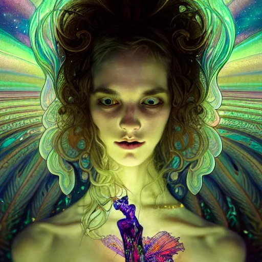 Image similar to An extremely psychedelic crystalline soul fairy, surreal, dramatic lighting, magic mushrooms, psilocybin, LSD, face, detailed, intricate, elegant, lithe, highly detailed, digital painting, artstation, concept art, smooth, sharp focus, illustration, art by Krenz Cushart and Artem Demura and alphonse mucha