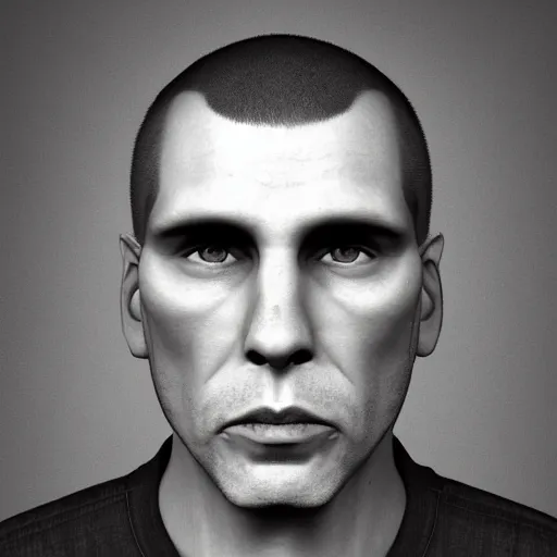 Image similar to A mugshot portrait of a middle aged man who looks like Jerma985 with a buzzcut, and wearing late 1990s menswear in the late 2000s, taken in the late 2000s, grainy, realistic, hyperrealistic, very realistic, highly detailed, very detailed, extremely detailed, detailed, trending on artstation, front facing, front view, headshot and bodyshot, detailed face, very detailed face