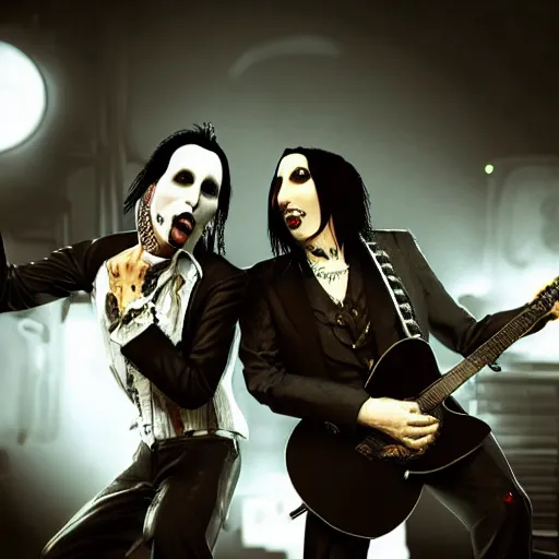 Image similar to A photorealistic photograph of Johnny Depp and Marilyn Manson performing on stage in a band. Trending on Artstation, featured on Behance, well-rendered, intricate, highly detailed, very crispy, Unreal Engine, 4K HD