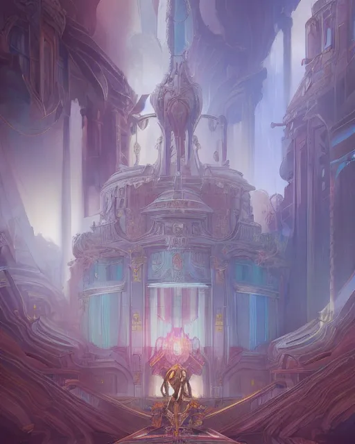 Image similar to the palace in saint seiya by peter mohrbacher and dan mumford and nekro, cgsociety, volumetric light, 3 d render