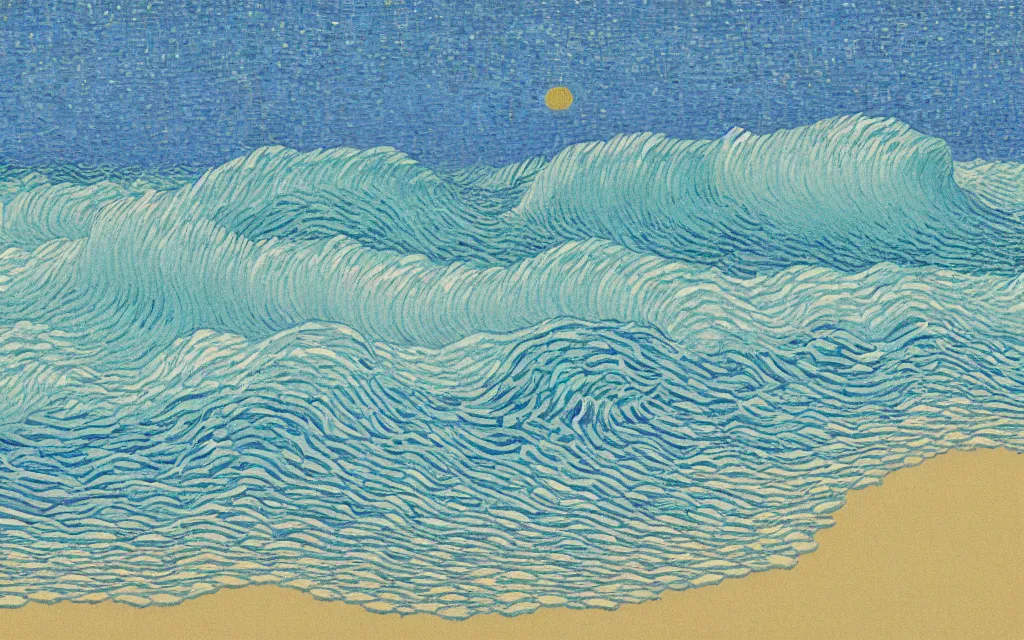 Image similar to a beautiful quiet beach in okinawa, fractal waves. japanese embroidery. retro minimalist art by jean giraud and van gogh.