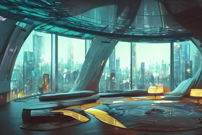 Image similar to a futuristic bedroom with large curved ceiling high windows looking out to a far future cyberpunk cityscape, cyberpunk neon lights, raining, scifi