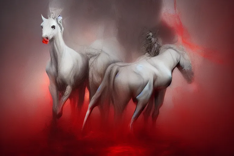 Image similar to a white cyberpunk horses with human heads, in the style of beksinski, intricate and epic composition, red by caravaggio, insanely quality, highly detailed, masterpiece, red light, artstation, 4 k