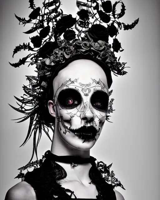 Prompt: dark surreal poetic black and white photo of a beautiful young silver bio-mechanical-female-vegetal-cyborg with a very long neck and a super big gothic lace collar and a very high big floral crown with many black dry roses by Vivienne Westwood:: smoke, high fashion, haute couture, rococo, avant-garde, silver filigree details, anatomical, facial muscles, cable wires, microchip, elegant, dreamy, foggy atmosphere, hyper realistic, 150 mm lens, soft rim light, octane render, unreal engine, picture was taken in 1910 by Man Ray, volumetric lighting, dramatic light,8k,