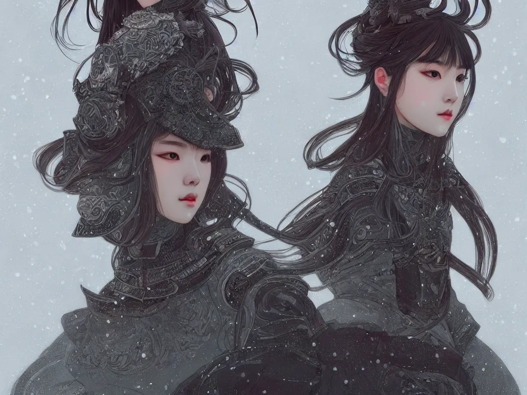 Image similar to portrait jisoo blackpink, grey hair armored samurai clothes, in snowy japanese temple night, ssci - fi and fantasy, intricate and very very beautiful and elegant, digital painting, artstation, concept art, smooth and sharp focus, illustration, art by tian zi and wlop and alphonse mucha