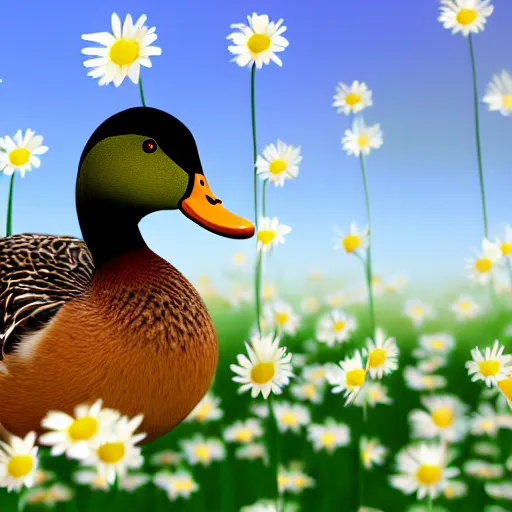 Prompt: A 3d render of a duck walking through a field of daisies, lots of little daisies, realistic, digital art